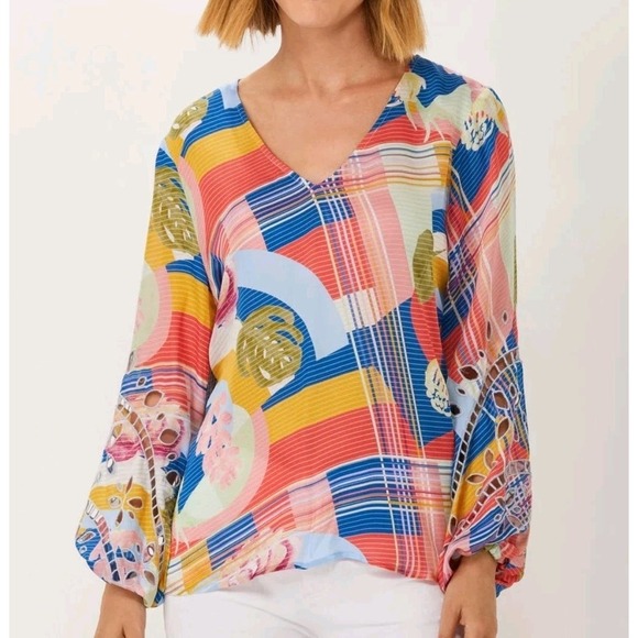 Ecru Blouse Size S Watts Embroidered Sleeve Top Monte Colorful Relaxed‎ $218 - Picture 1 of 8